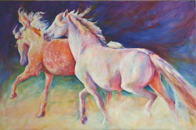 Foundation Morgan mares, Bella and Fancy, in a painting by Karen Brenner